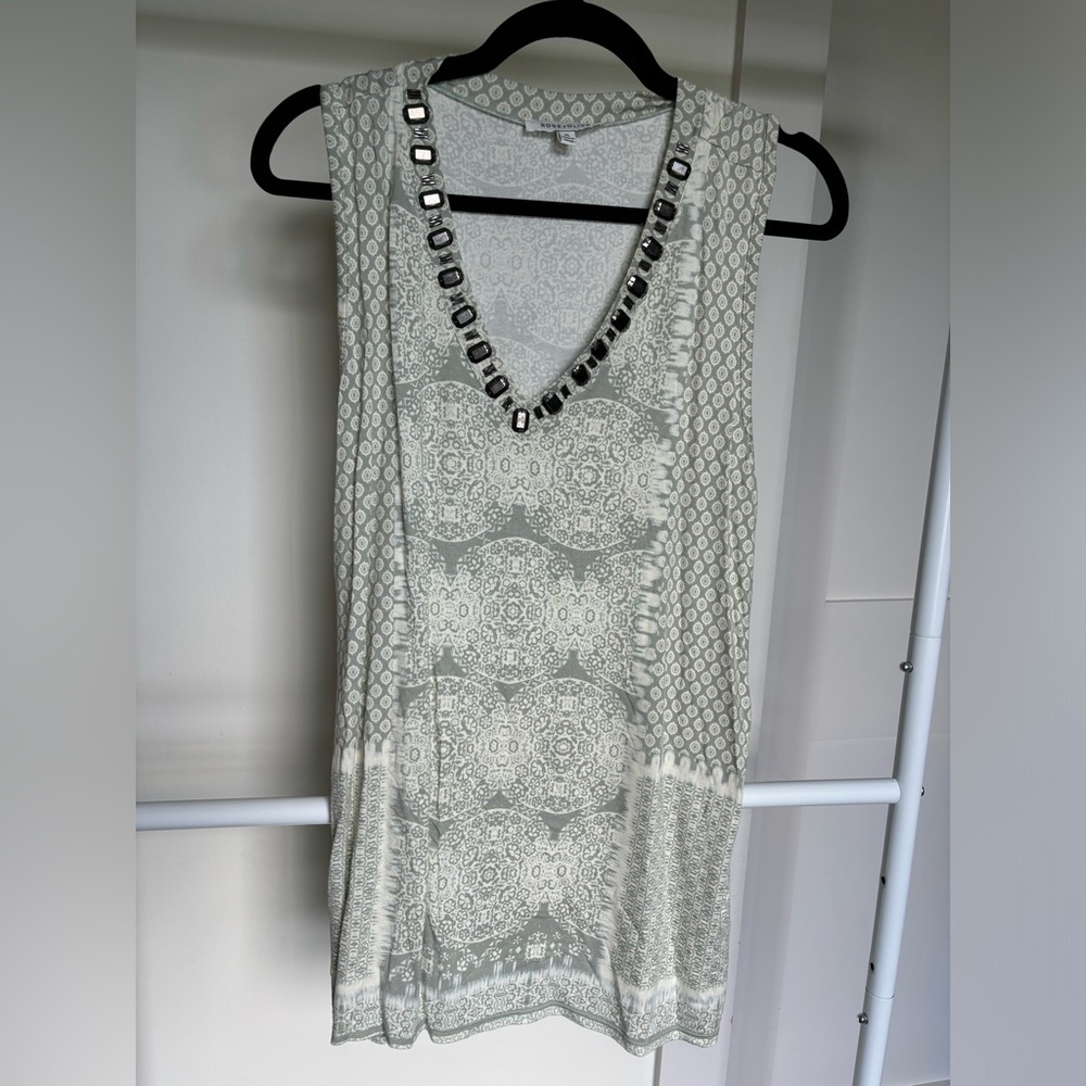 Rose + Olive Jeweled Neckline Patterned Blouse